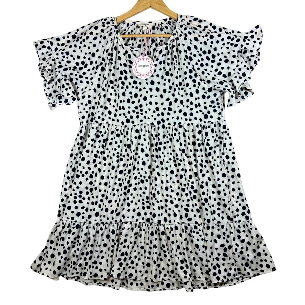Umgee Dalmatian Print Tiered Babydoll Mini Dress White Black Ruffle Sleeve S NEW